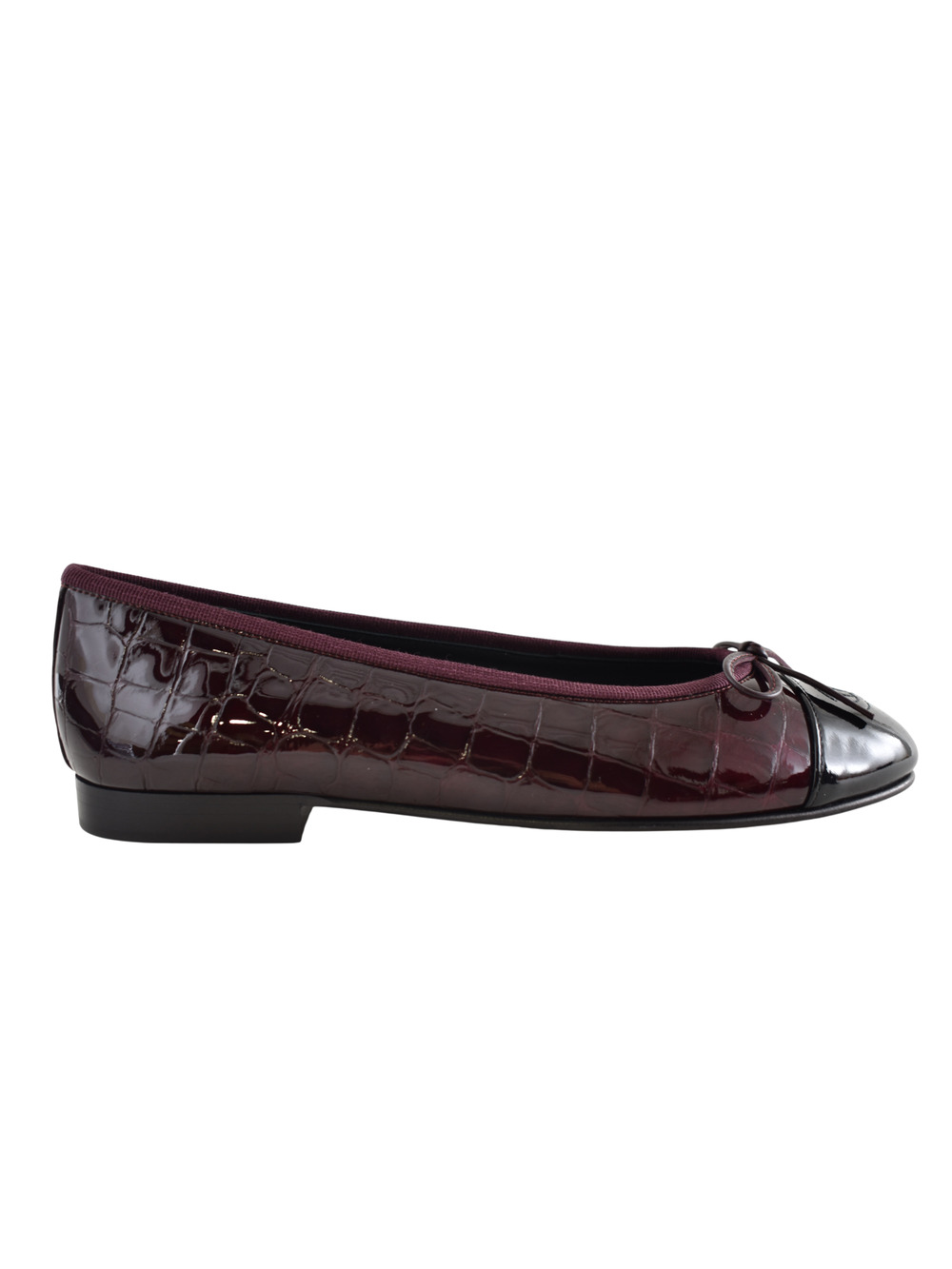 Chanel 26A Burgundy Red Black Crocodile Croc CC Logo Ballet Ballerina Flat 36